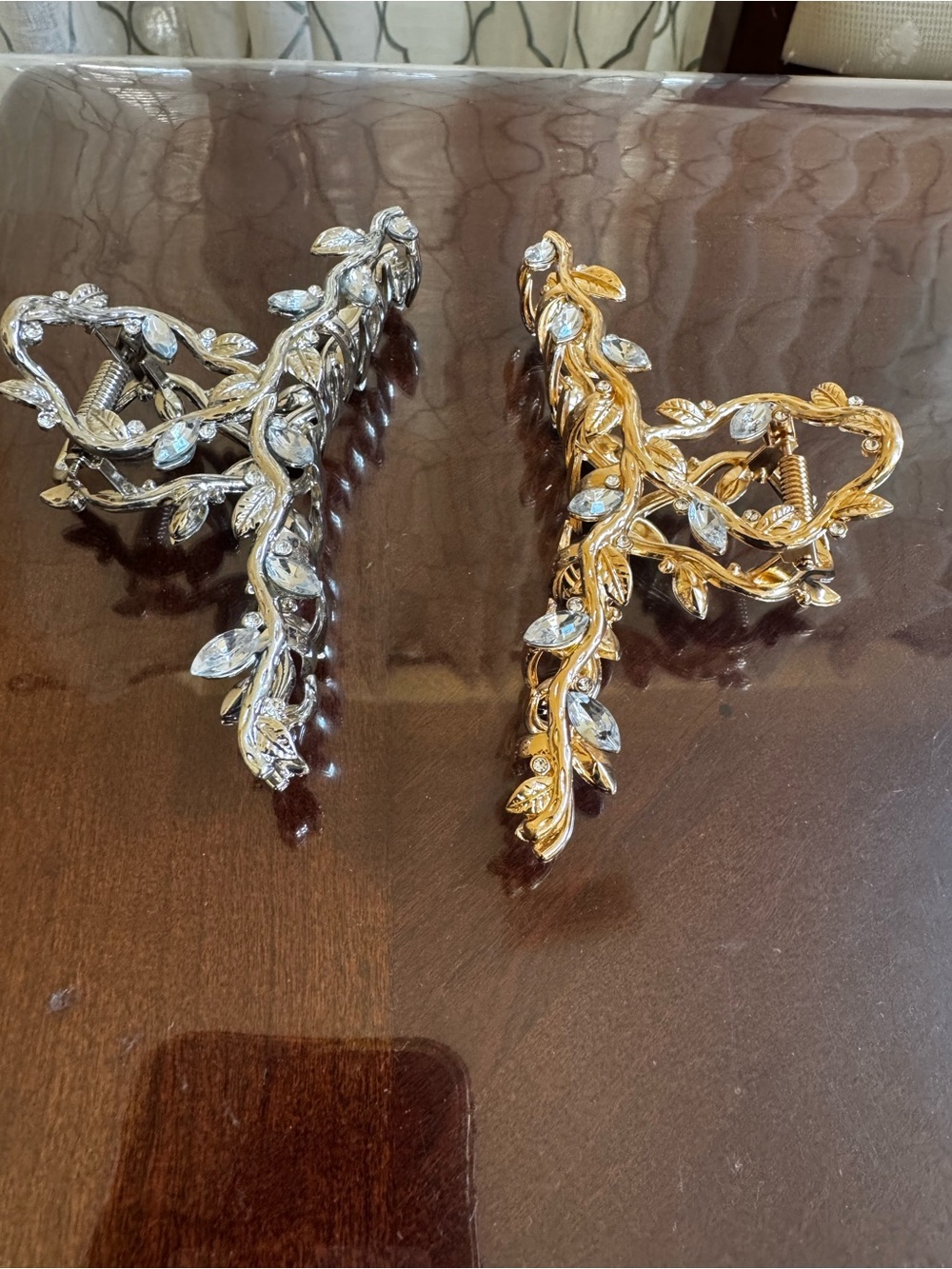 Gold and Silver Leaf Crystal Vine Hair Clips - Women Jewelry